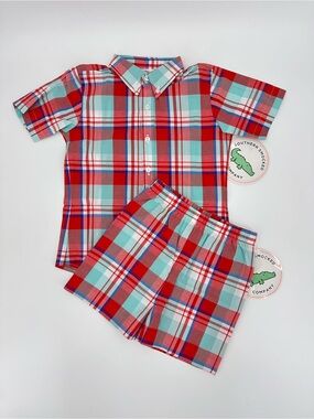 Southern Smocked Co. Plaid Button Up and Matching Shorts Set 4T